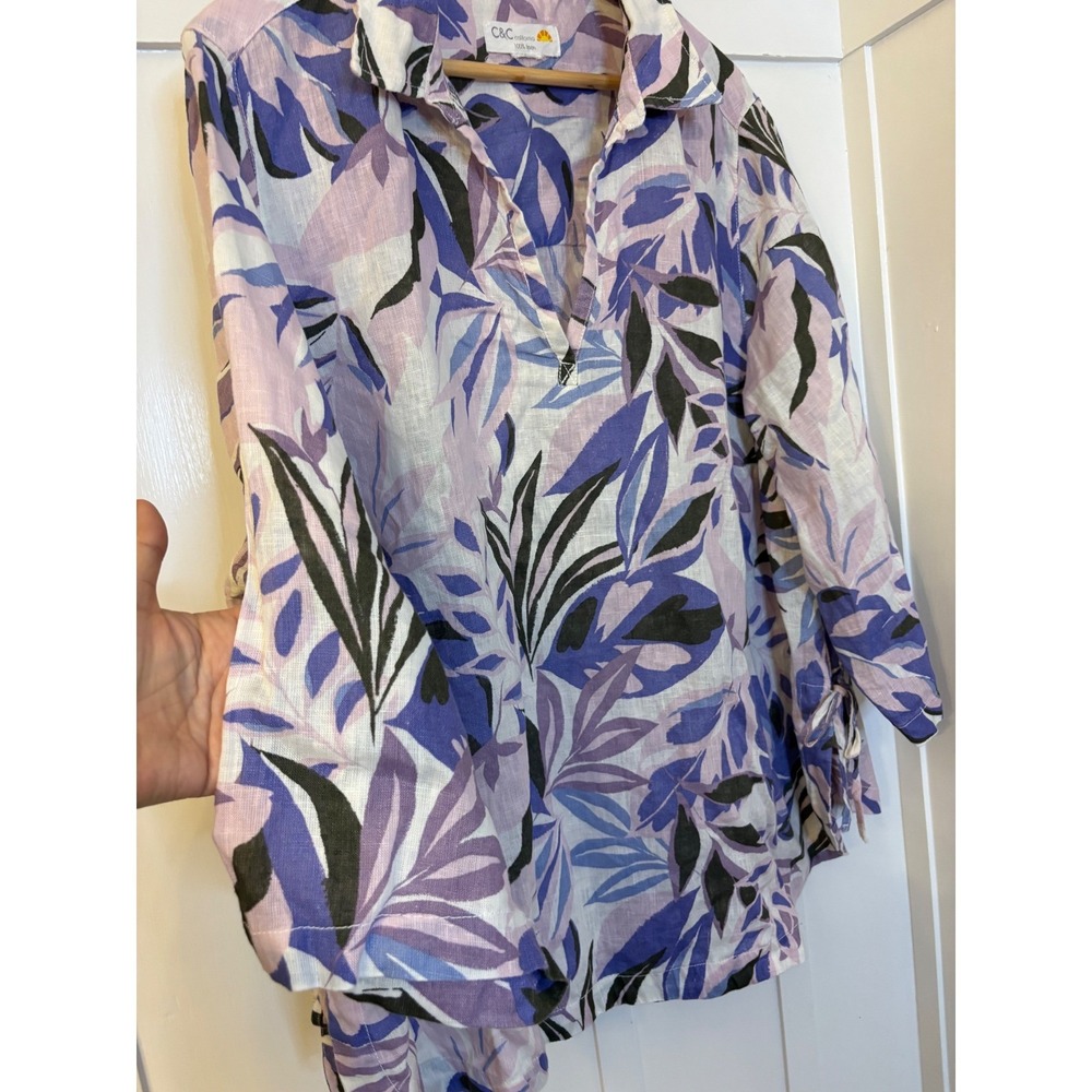 C&C California Women Purple Tropical Leaf Print 100% Linen Tunic Top 3/4 Sleeve - Picture 11 of 11